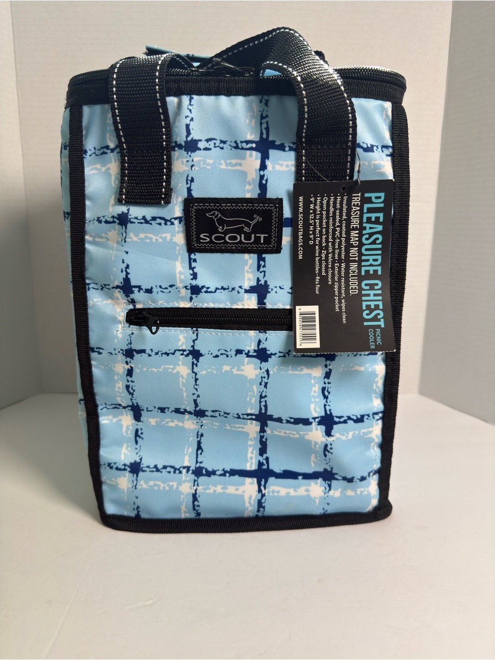SCOUT Pleasure Chest Cooler Tote in Light Blue Plaid with Black Trim